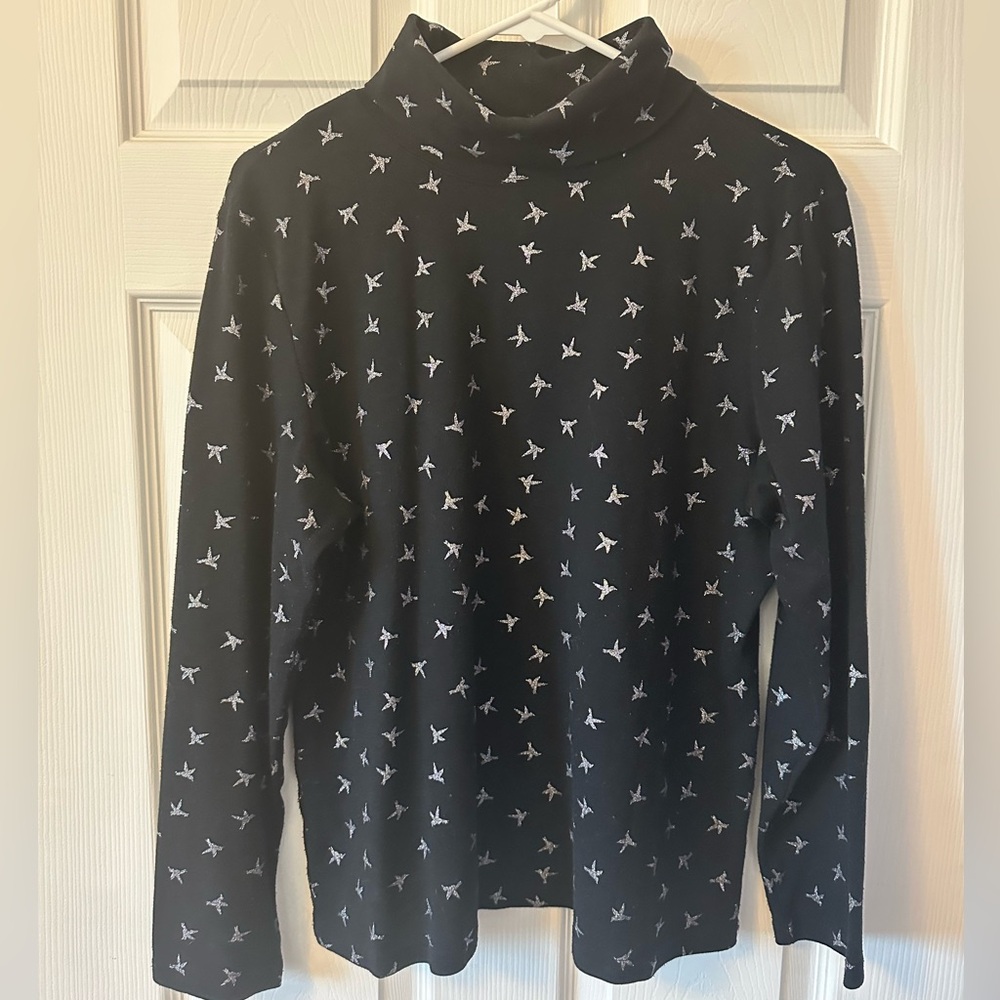 Karen Scott Black Turtleneck with Silver Bird Pattern